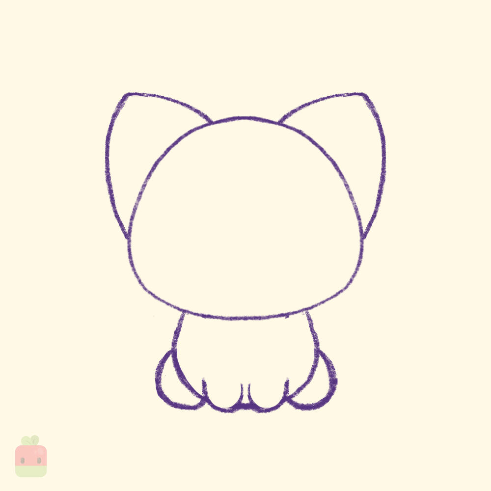 3. Draw the Rough Body ∙ Draw a large U shape below the head to create the fox’s chibi body. Then, add two smaller U shapes for the hands and two C shapes on each side of the body for the legs.