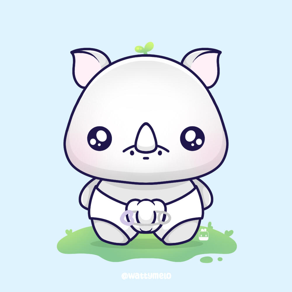 CONGRATULATIONS! You just completed the "How to draw a baby rhino tutorial"! I decided to add some grass under its feet, a soft shadow under the body and my tiny signature sprout to finish up the illustration.